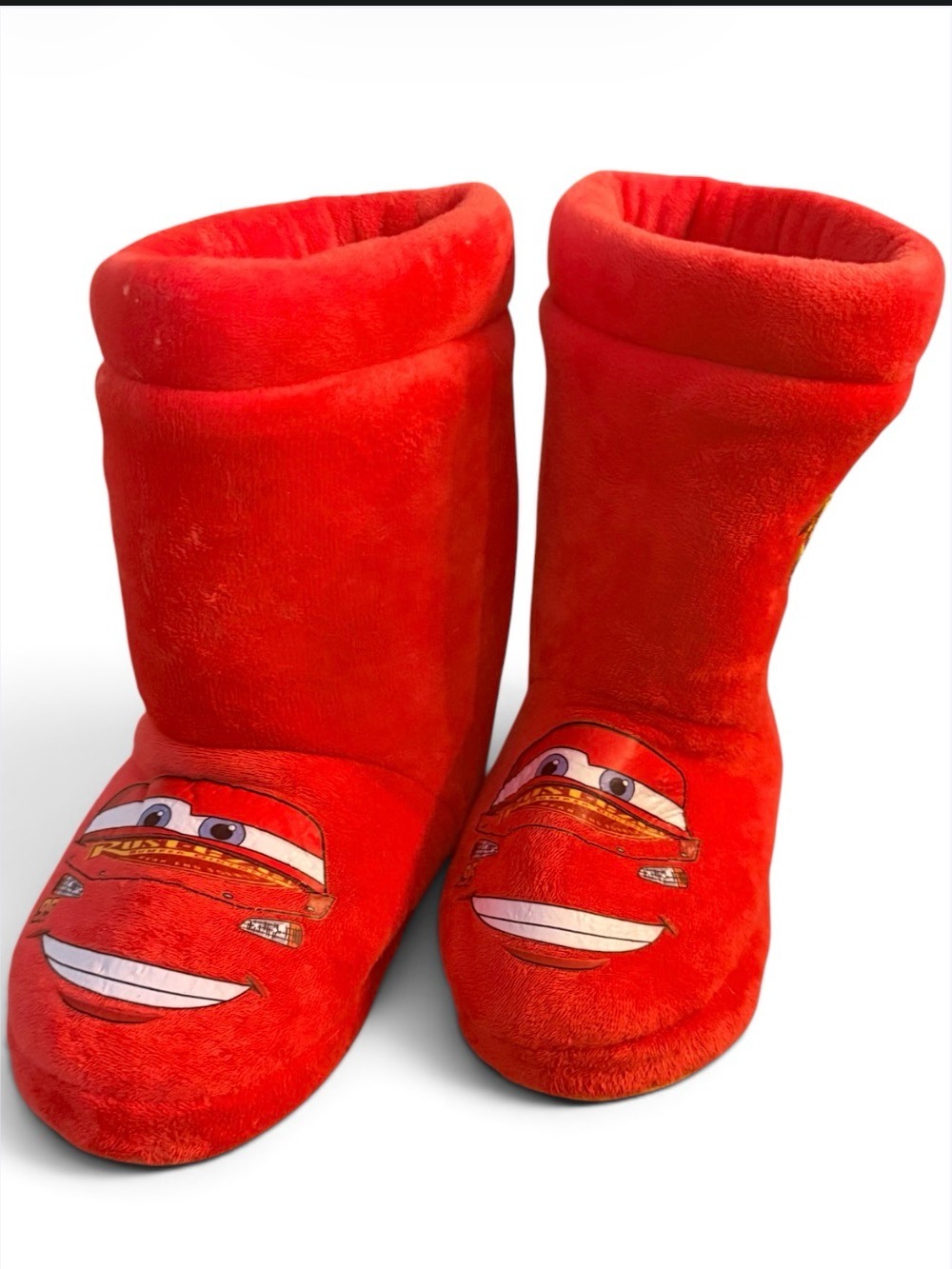 Kids Red Plush One-Piece Slipper Boots with Lightning Car Motif